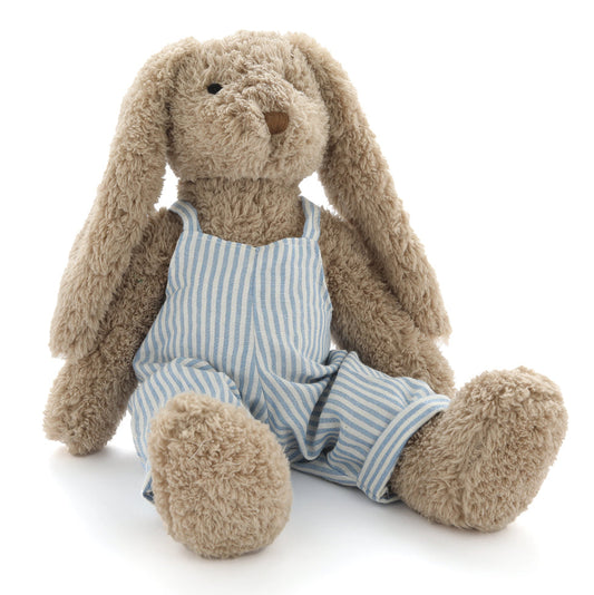 Plush toy rabbit in a blue striped outfit on a white background