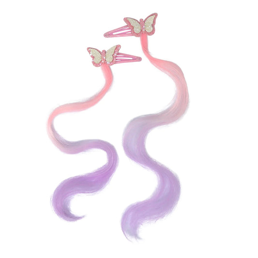 Pink and purple hair extensions with butterfly clips on a white background