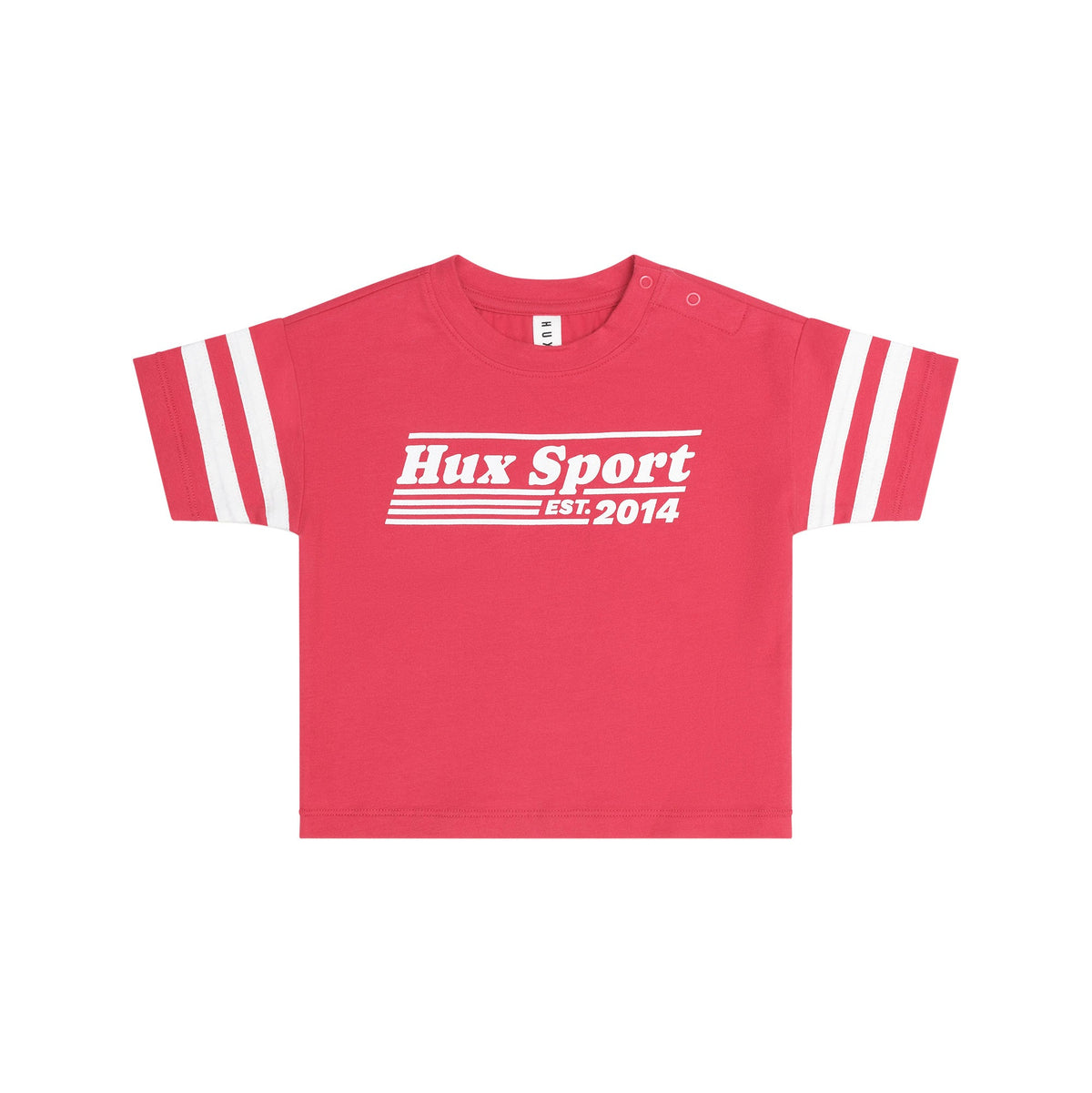 A pink short-sleeve baby t-shirt with white stripes on the sleeves and a white 'Hux Sport EST. 2014' logo printed on the chest, displayed flat against a light beige background.