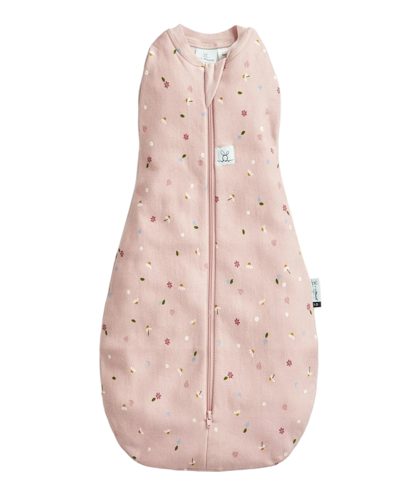 Pink baby sleeping bag with floral pattern on a white background