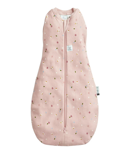 Pink baby sleeping bag with floral pattern on a white background