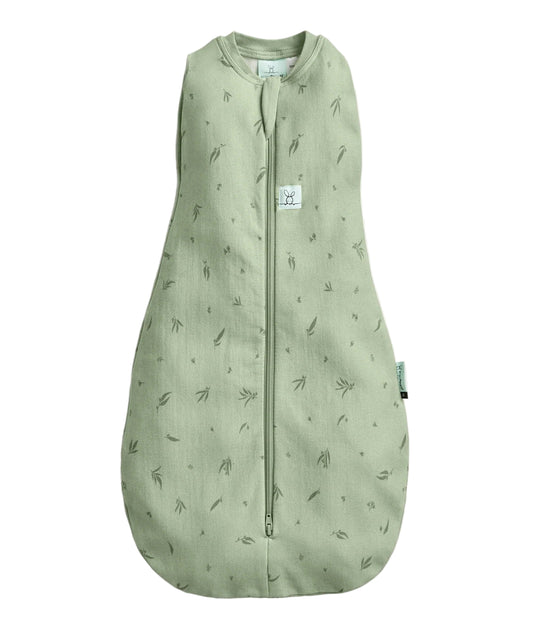 Green baby sleeping bag with feather pattern on a white background
