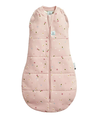 Pink baby sleeping bag with floral pattern on a white background