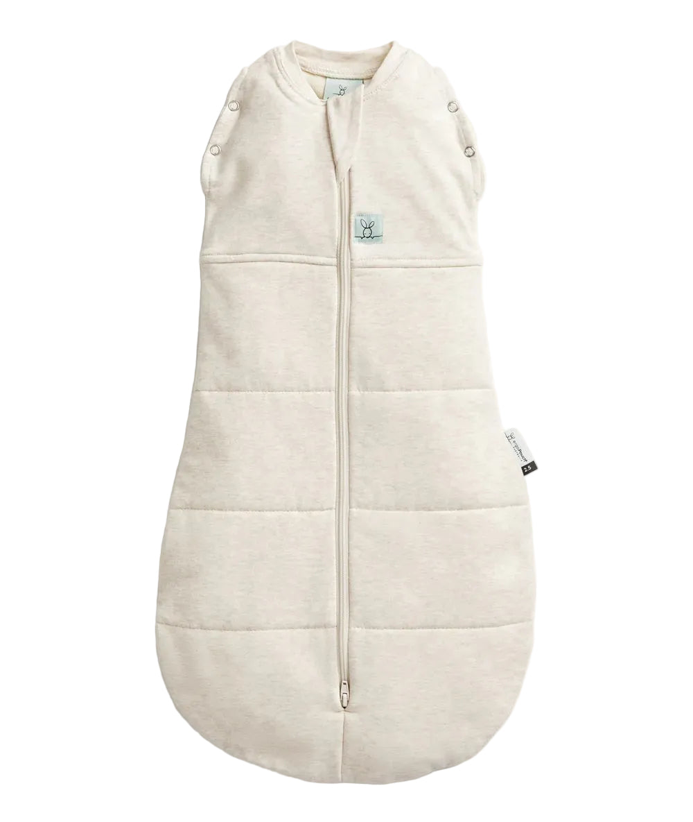 Beige baby sleeping bag with buttons on a white background