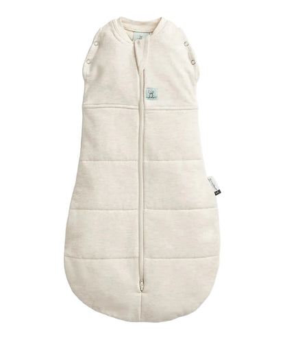 Beige baby sleeping bag with buttons on a white background