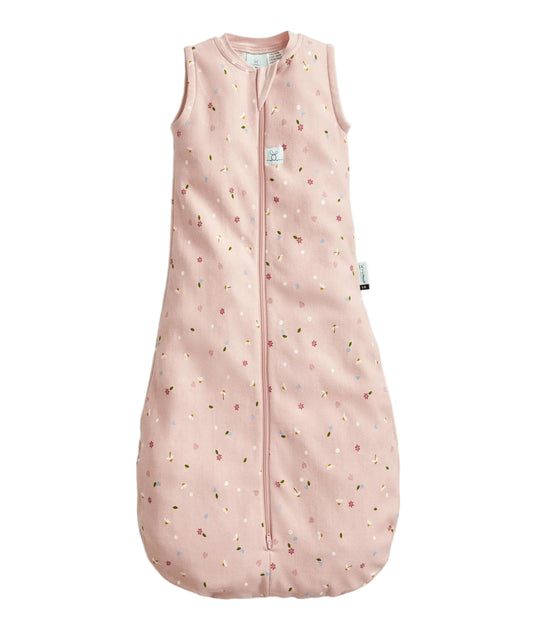 Pink baby sleeping bag with floral pattern on a white background