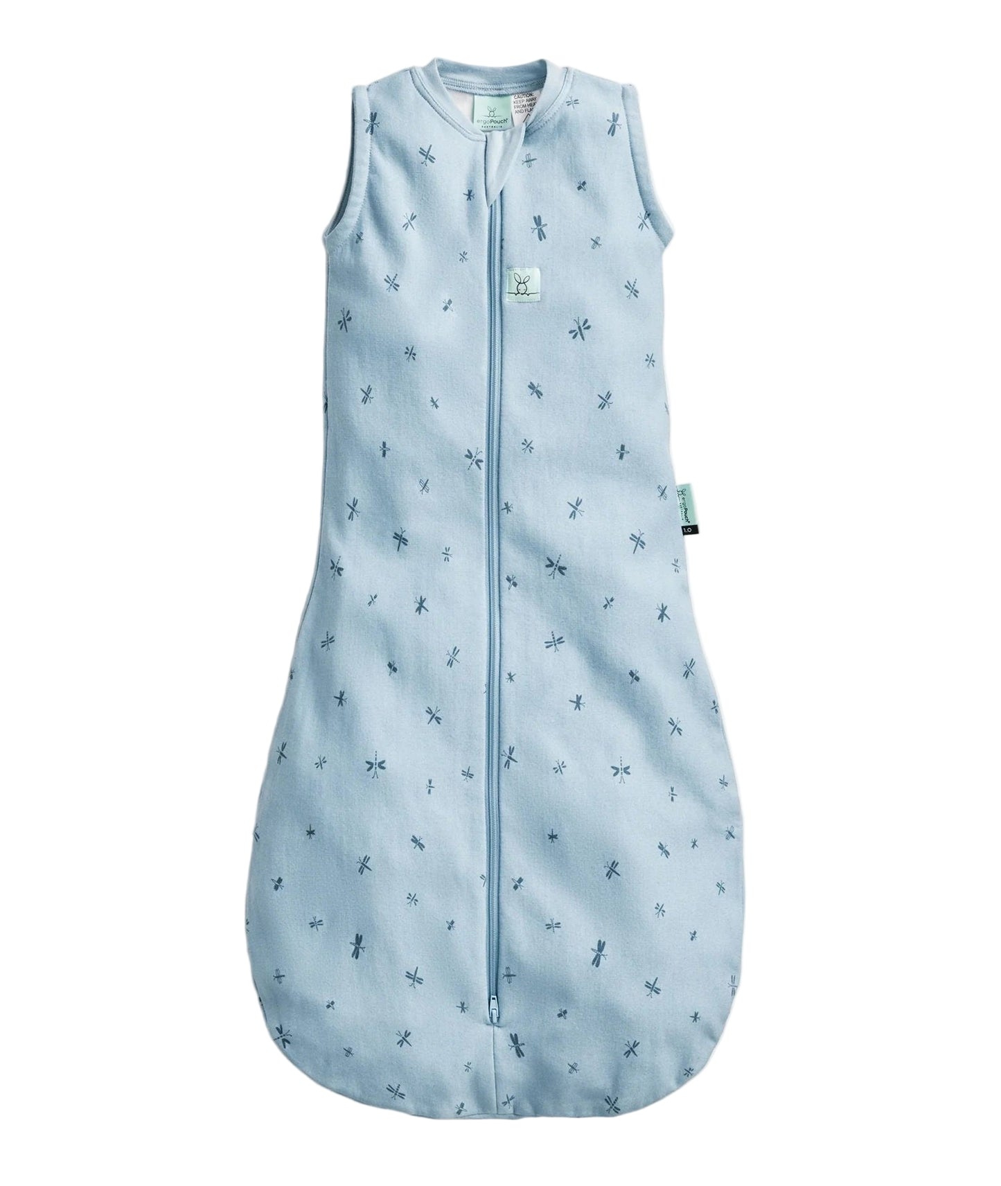 Light blue baby sleeping bag with subtle pattern on a white background