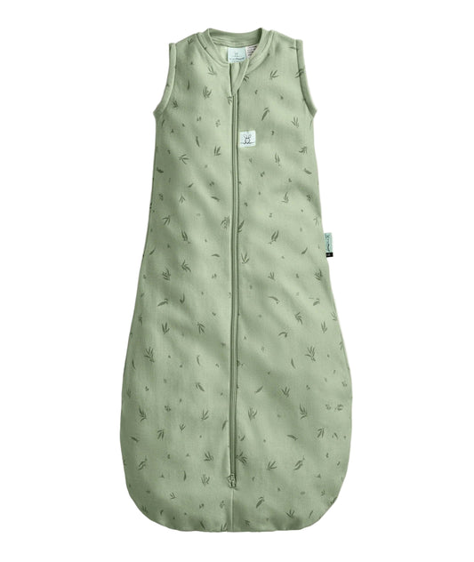 Green baby sleeping bag with subtle pattern on a white background