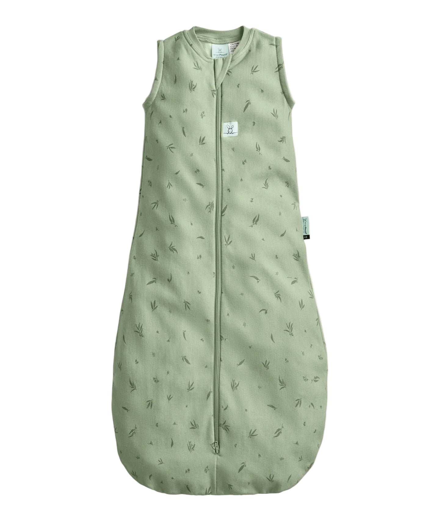Green baby sleeping bag with subtle pattern on a white background