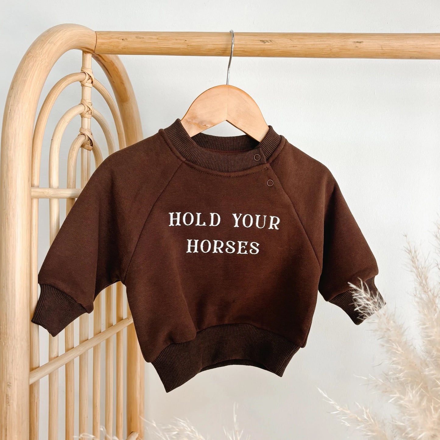Brown sweatshirt with 'Hold Your Horses' text on a hanger against a neutral background