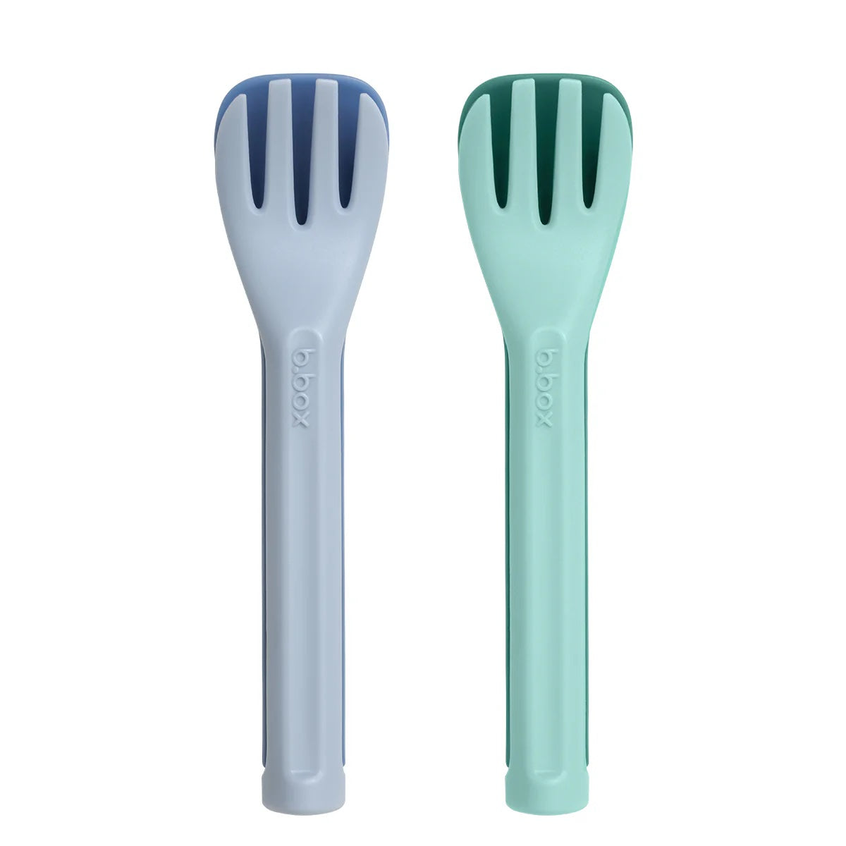 Two salad servers, one blue and one green, on a white background