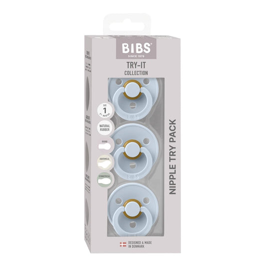 Bibs nipple try pack packaging with pacifiers on a white background