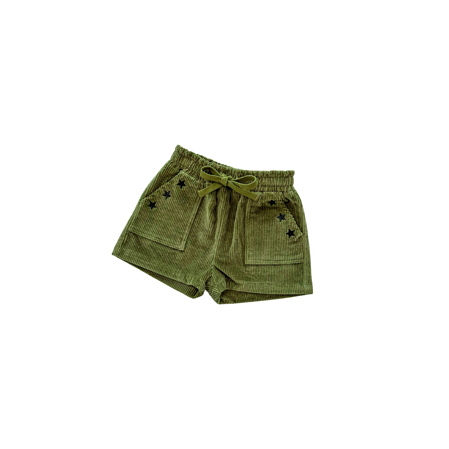 Green shorts with star patterns on a white background