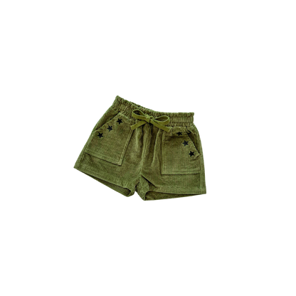 Green shorts with star patterns on a white background
