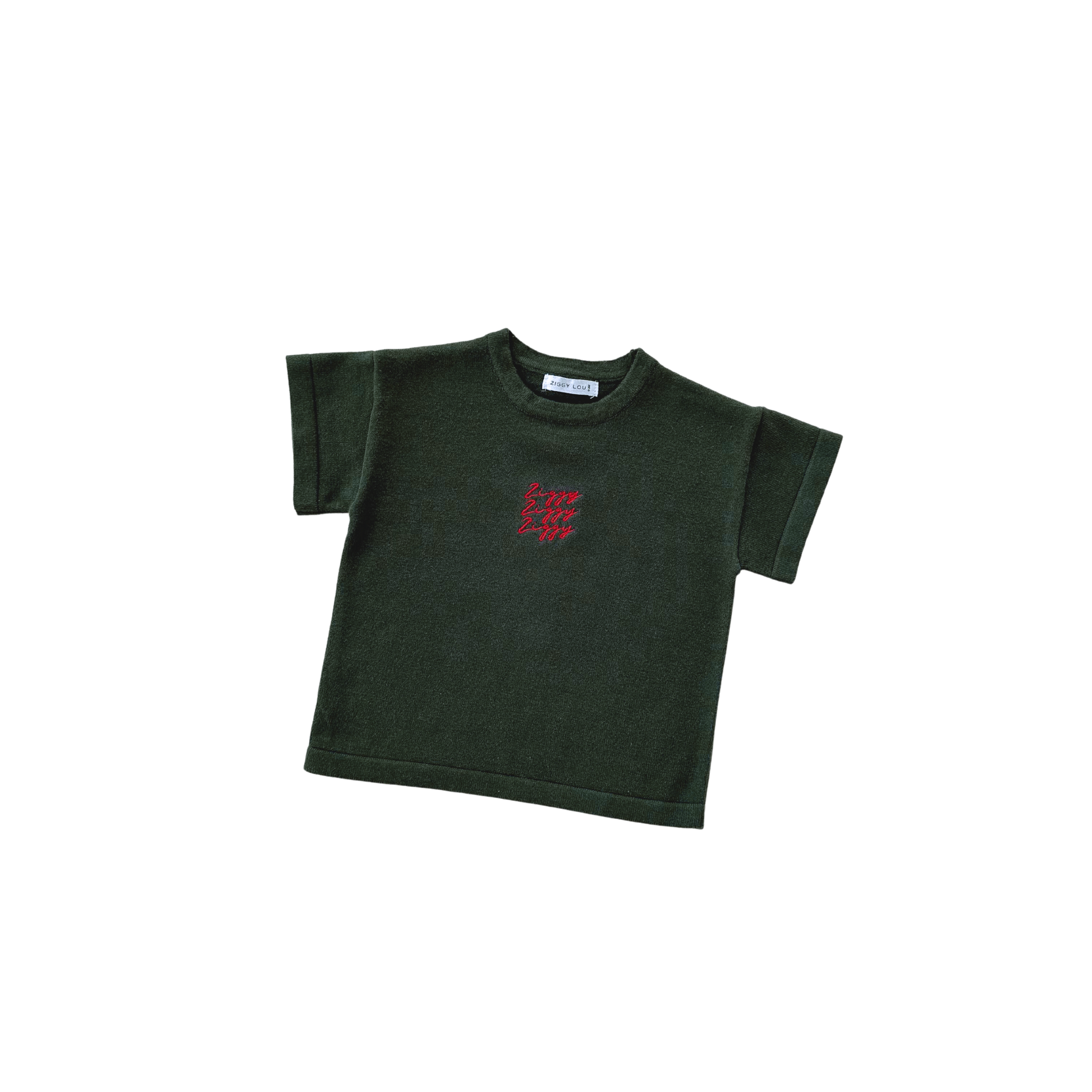 Green t-shirt with a red logo on a white background