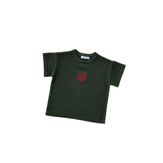 Green t-shirt with a red logo on a white background