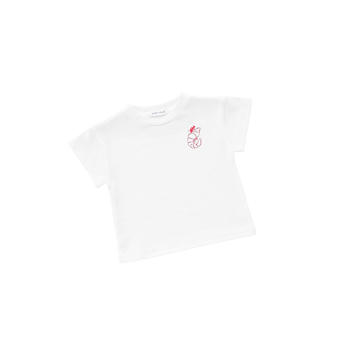 White t-shirt with a small red logo on a white background