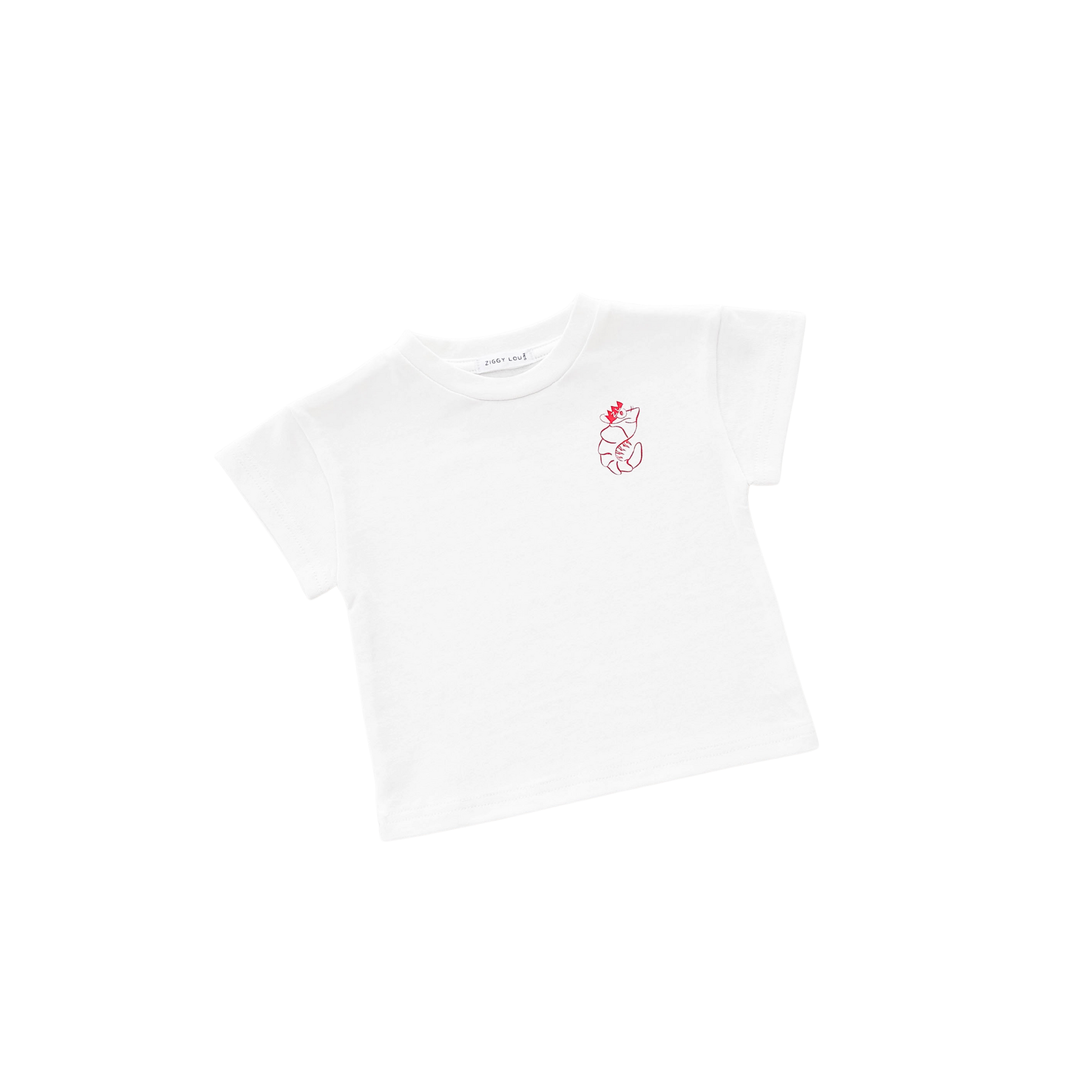 White t-shirt with a small red logo on a white background