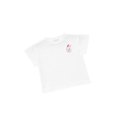 White t-shirt with a small red logo on a white background