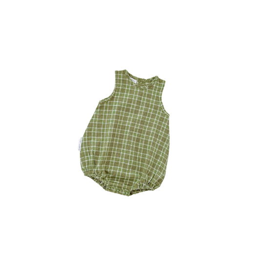 Green checkered baby romper on a white background