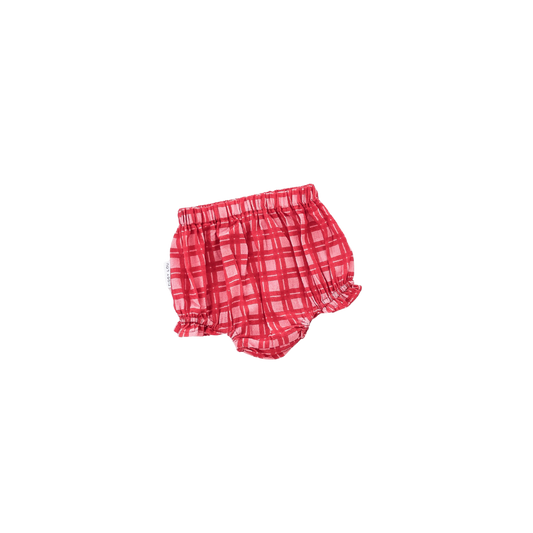 Red plaid baby bloomers on a white background