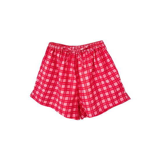 Red plaid shorts on a white background