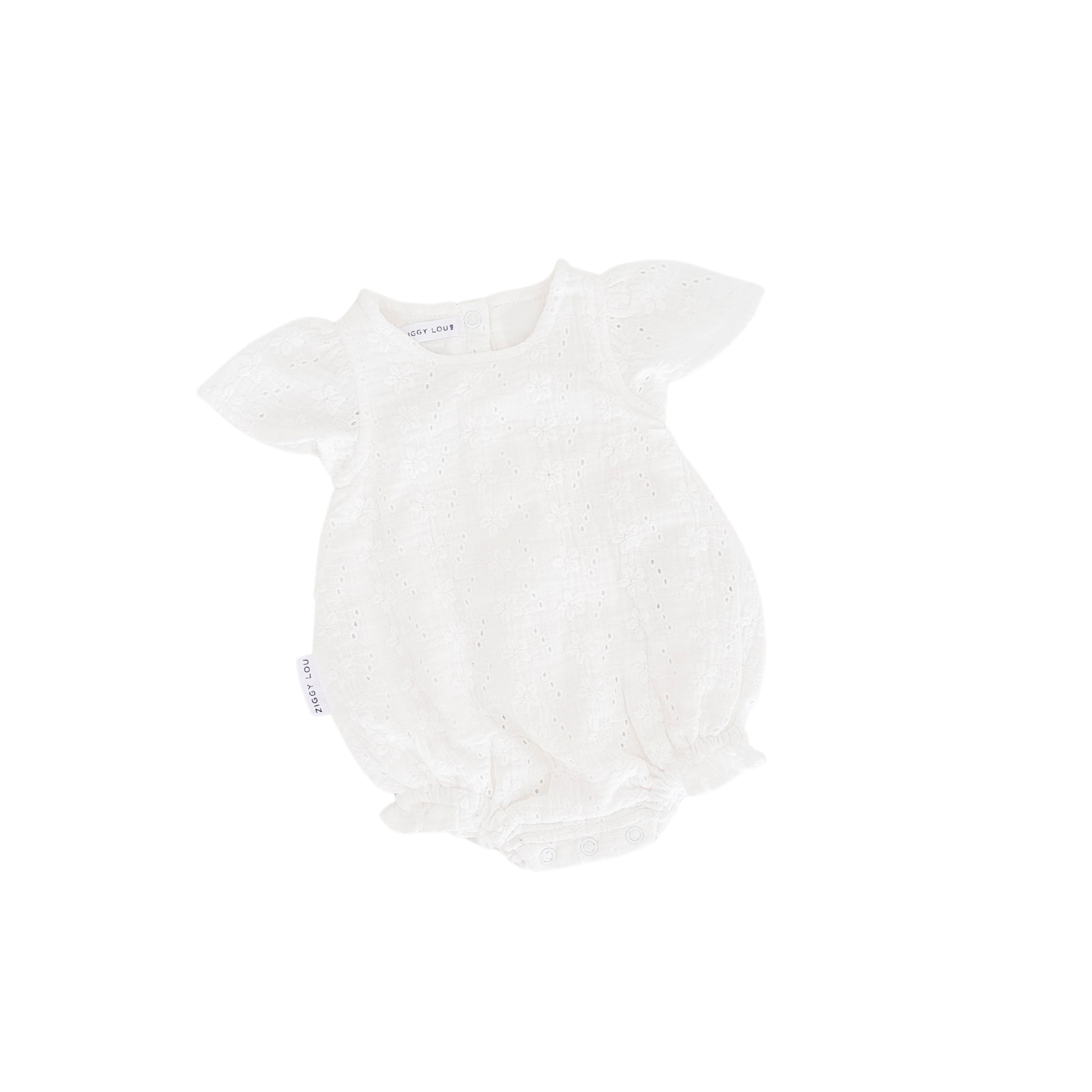 White baby romper with ruffled sleeves on a white background