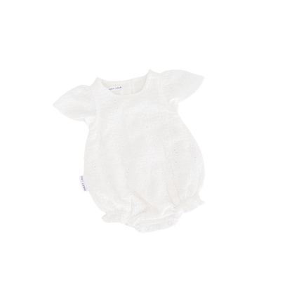 White baby romper with ruffled sleeves on a white background