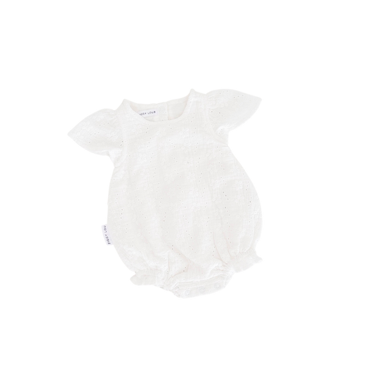 White baby romper with ruffled sleeves on a white background