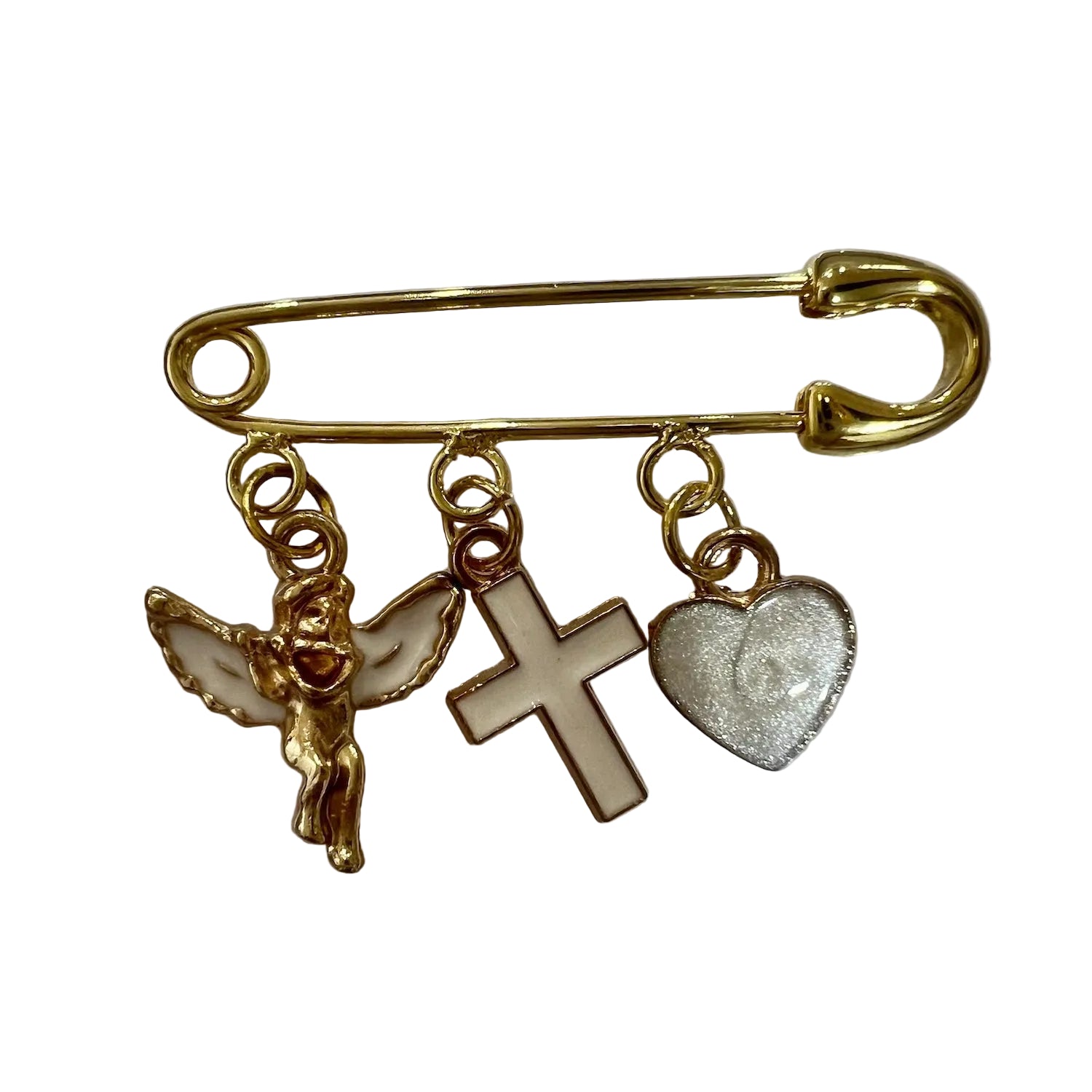 Gold safety pin brooch with angel, cross, and heart charms on a white background