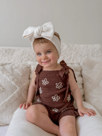 BLOSSOM AND PEAR DAISY FRILL KNIT ROMPER | ESPRESSO