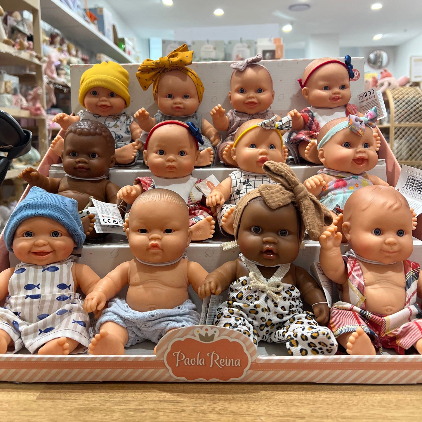 A display box filled with multiple baby dolls in assorted outfits and headwear, arranged in rows on a store shelf. A small sign at the front reads 'Paula Reina'.