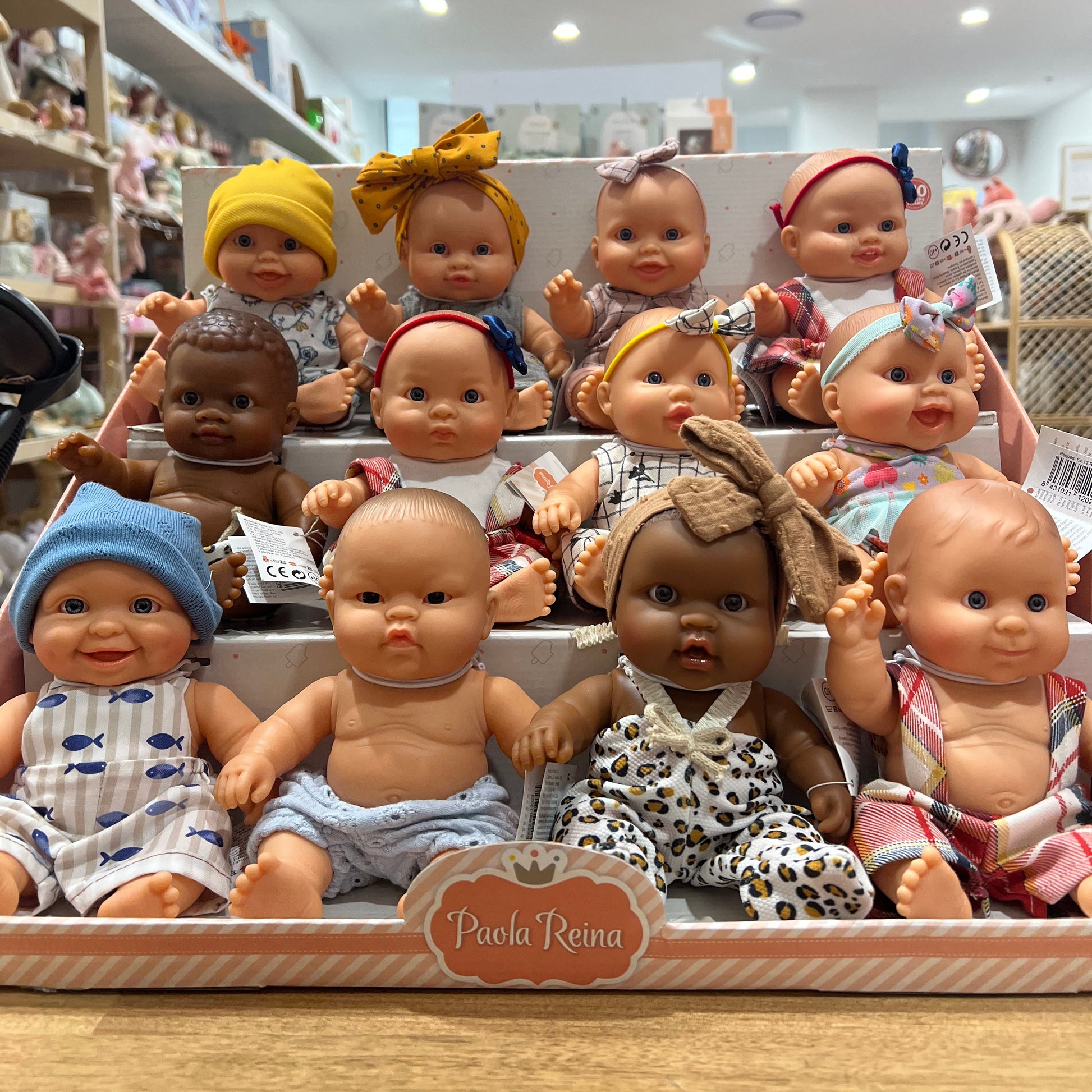 A display box filled with multiple baby dolls in assorted outfits and headwear, arranged in rows on a store shelf. A small sign at the front reads 'Paula Reina'.