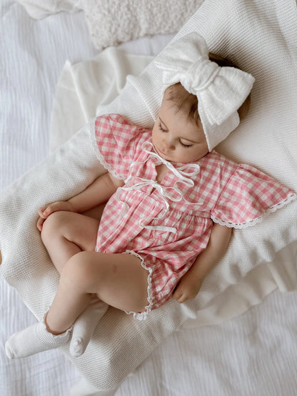 BLOSSOM AND PEAR DOROTHY FLUTTER SLEEVE ROMPER | PINK GINGHAM