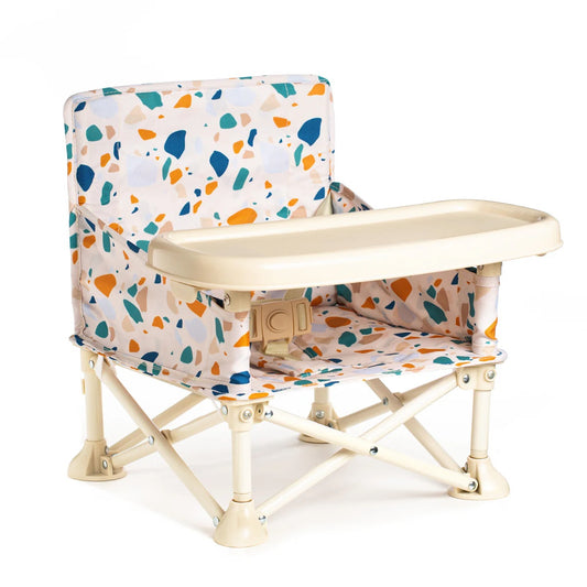 Foldable baby high chair with colorful patterned backrest on a white background