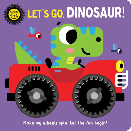 Children's book cover with a green dinosaur on a red toy car against a purple background.