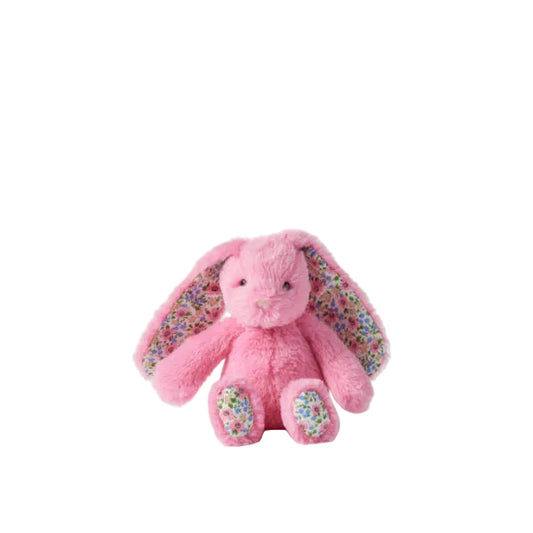 Pink plush bunny with floral ears on a light gray background