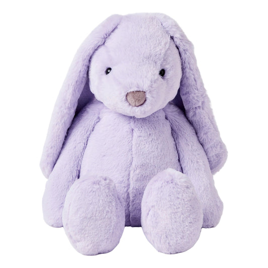 A large soft toy bunny in lilac color with a beanie bottom, sitting upright.