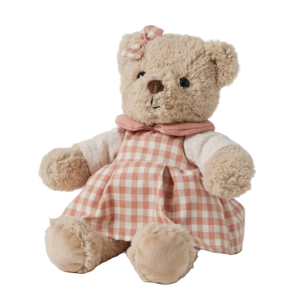 Teddy bear wearing a pink checkered dress on a white background