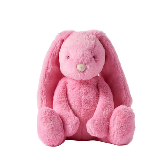 Pink plush bunny toy on a white background