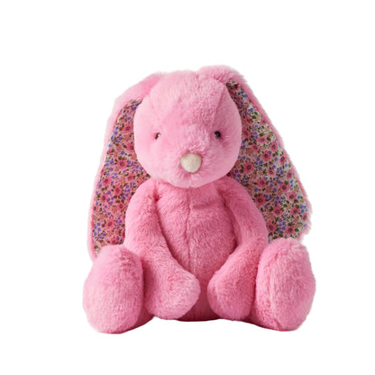 Pink plush bunny with floral ears on a white background