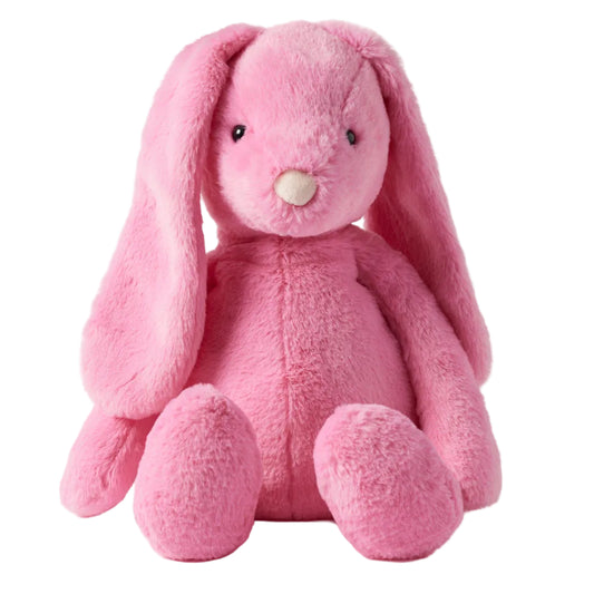 Pink plush bunny toy on a white background