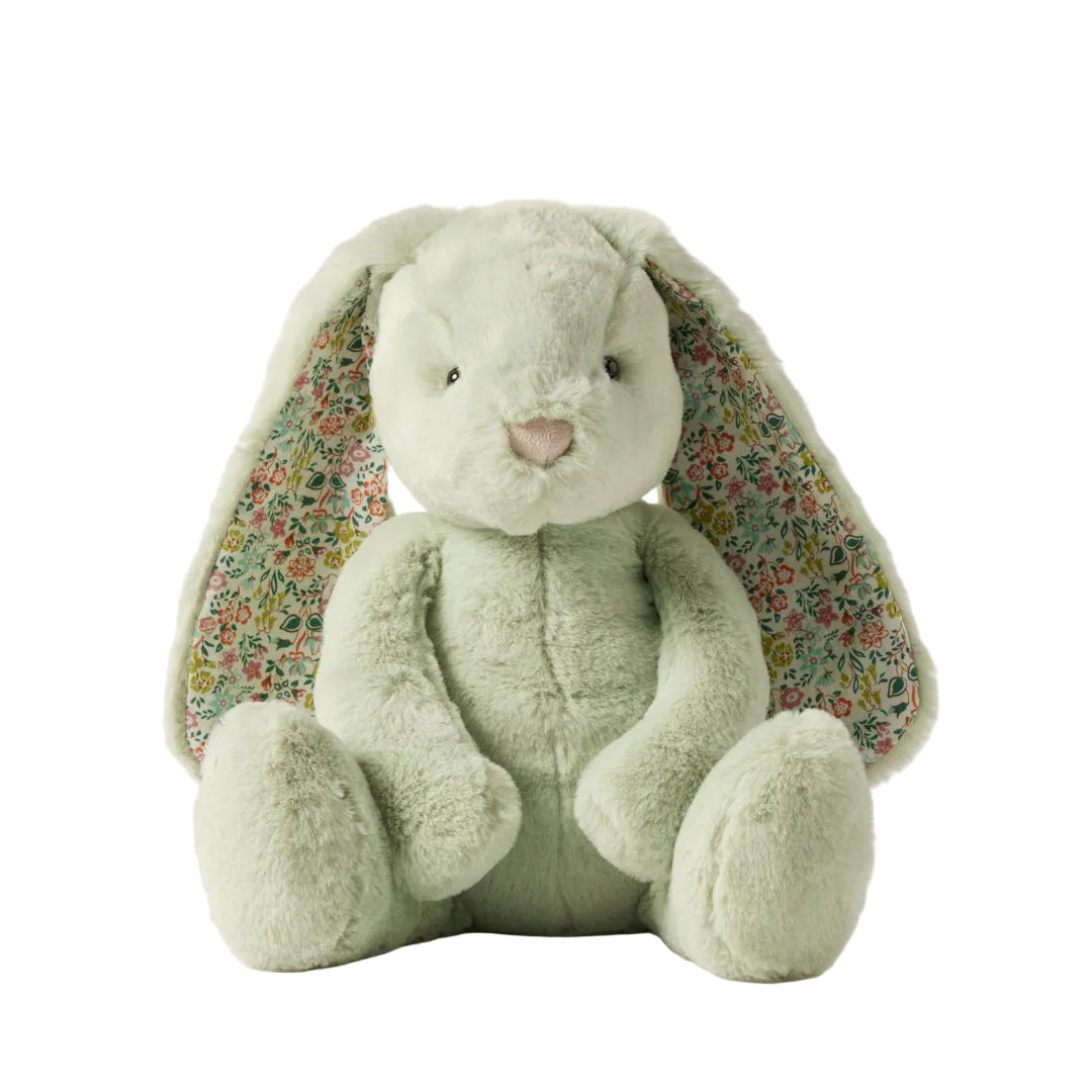 Plush bunny toy with floral ears on a white background