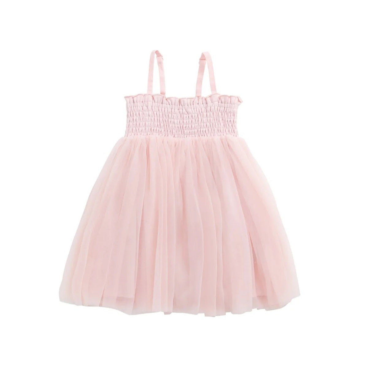 Pink dress with smocked bodice and tulle skirt on a white background