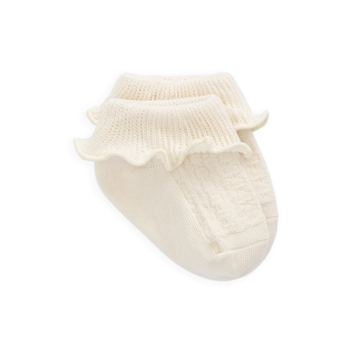 White baby bootie with ruffled top on a white background