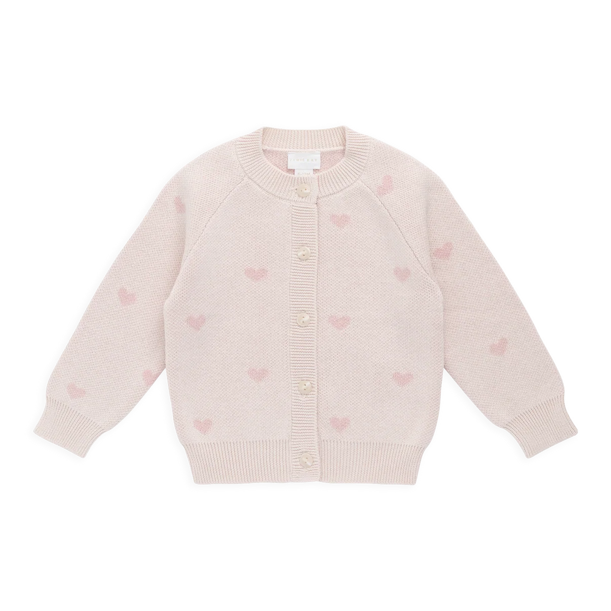 Light pink cardigan with heart patterns on a white background