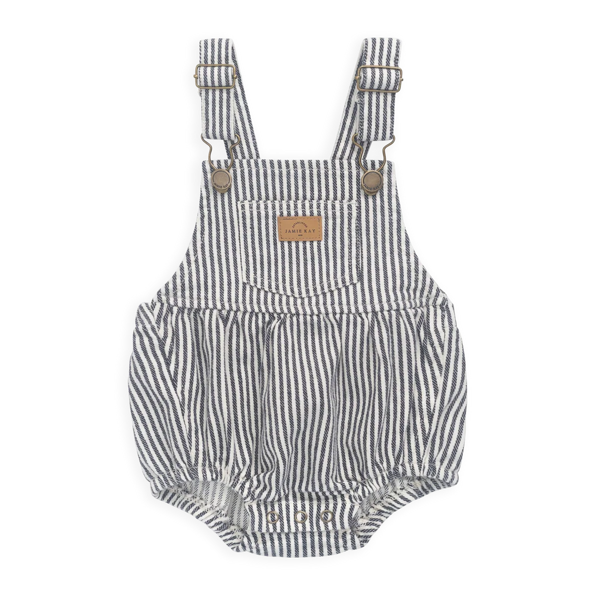 Striped baby romper with suspenders on a white background