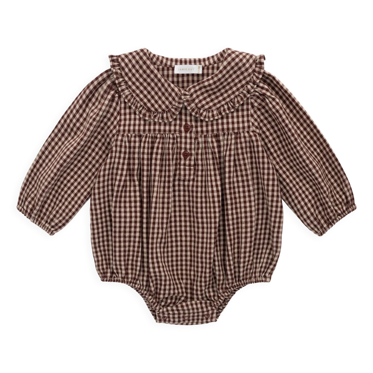 Brown checkered baby romper on a white background