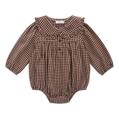 Brown checkered baby romper on a white background