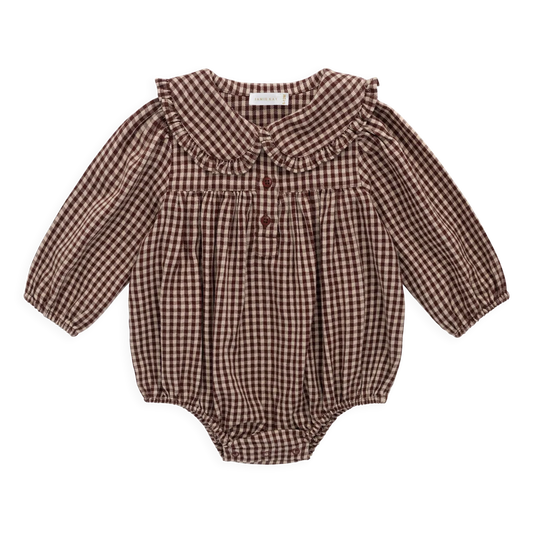 Brown checkered baby romper on a white background